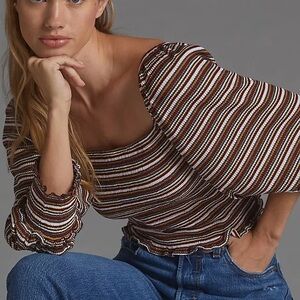 Anthropologie Ribbed Stripe Square Neck Top XS Boho Fitted Long Sleeve
